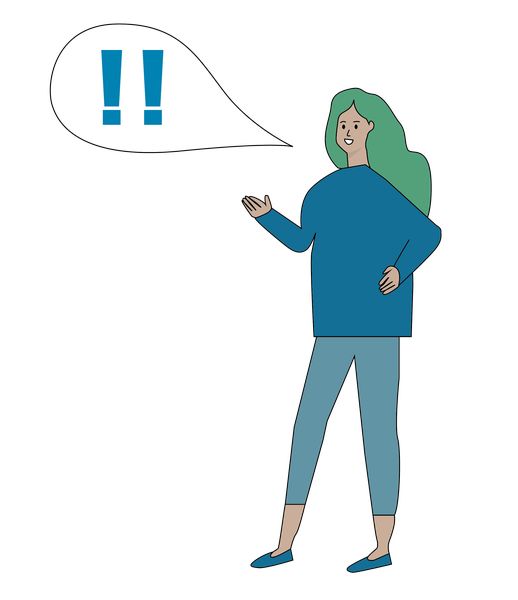 Frau mit Sprechblase, in der Ausrufezeichen sind