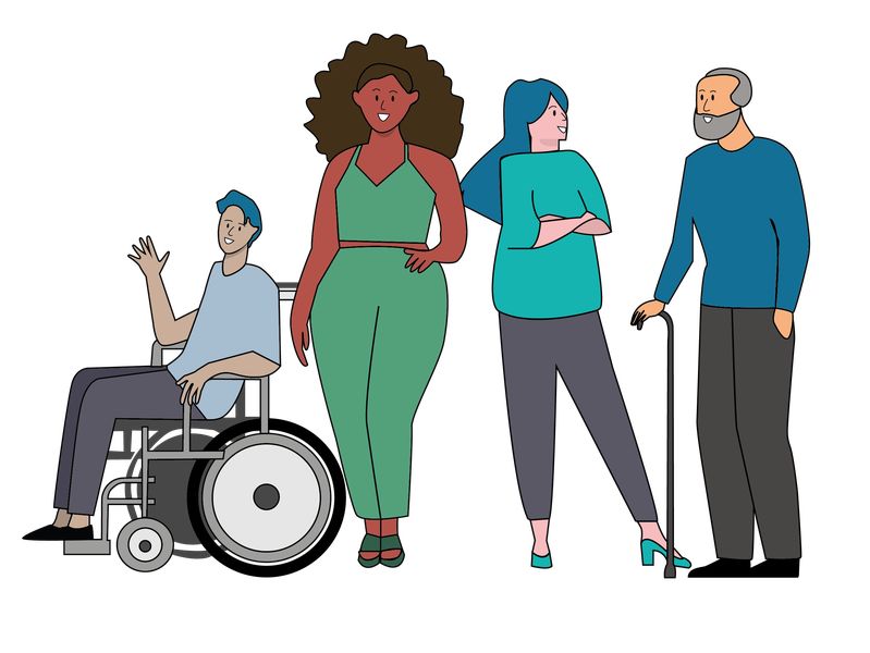 Vier Menschen unterschiedlichen Alters und unterschiedlicher Herkunft, teilweise mit Gehstock oder Rollstuhl