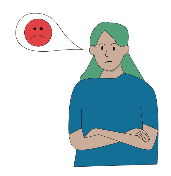 Frau mit Sprechblase, in der sich ein grimmiger Smiley befindet