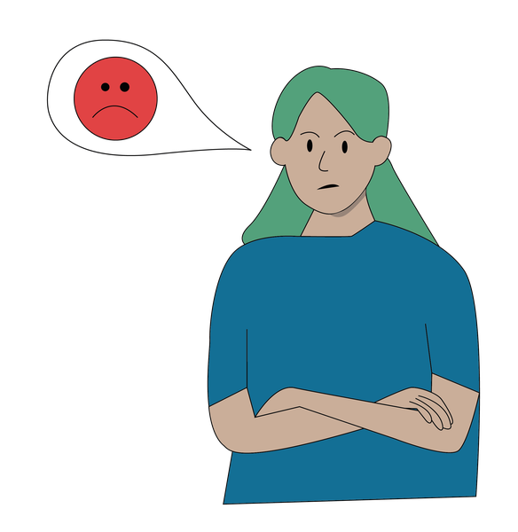 Frau mit Sprechblase, in der sich ein grimmiger Smiley befindet